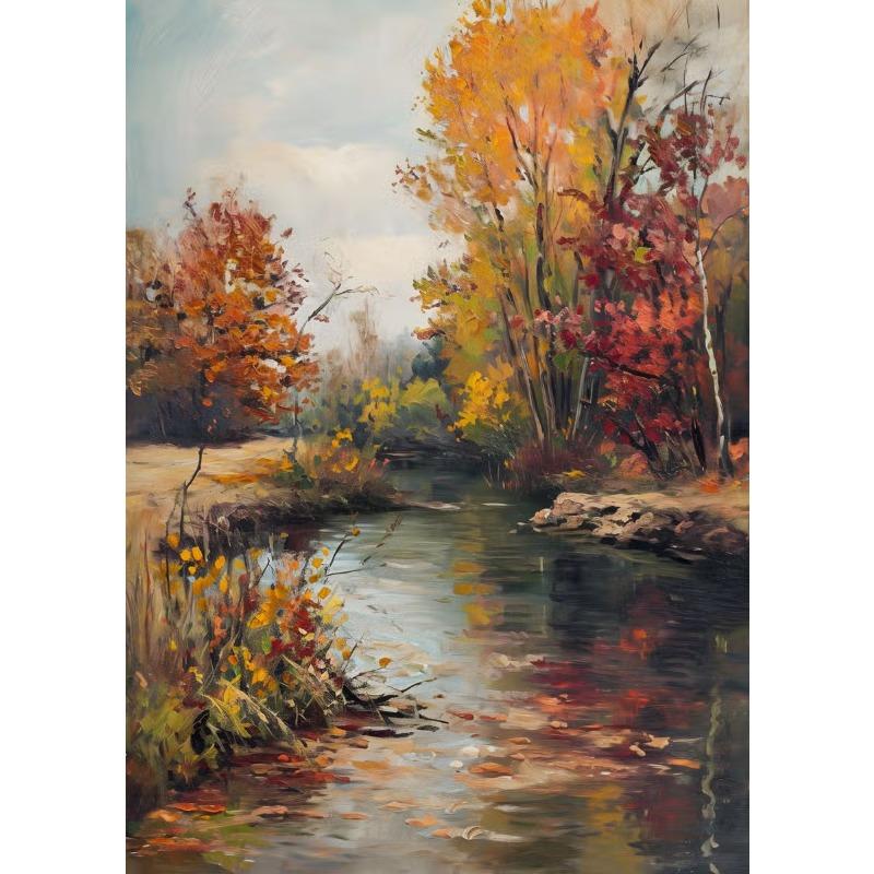 Abstract Oil Painting on Canvas Print Landscape Autumn Forest The River Canvas Posters Wall Art Picture Living Room Decoration