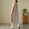Stand Collar Linen Shirt Front Full Button Loose Flowy A Line Dress Breathable Minimalist Casual Summer Daily Elegant Oversized Mid Length Sundress