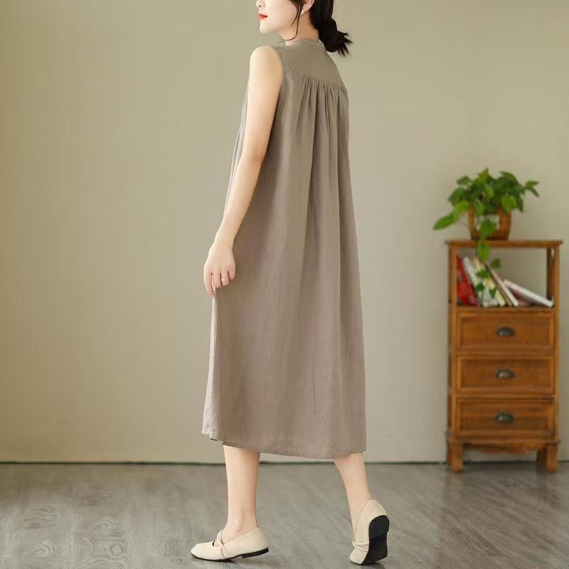 Stand Collar Linen Shirt Front Full Button Loose Flowy A Line Dress Breathable Minimalist Casual Summer Daily Elegant Oversized Mid Length Sundress