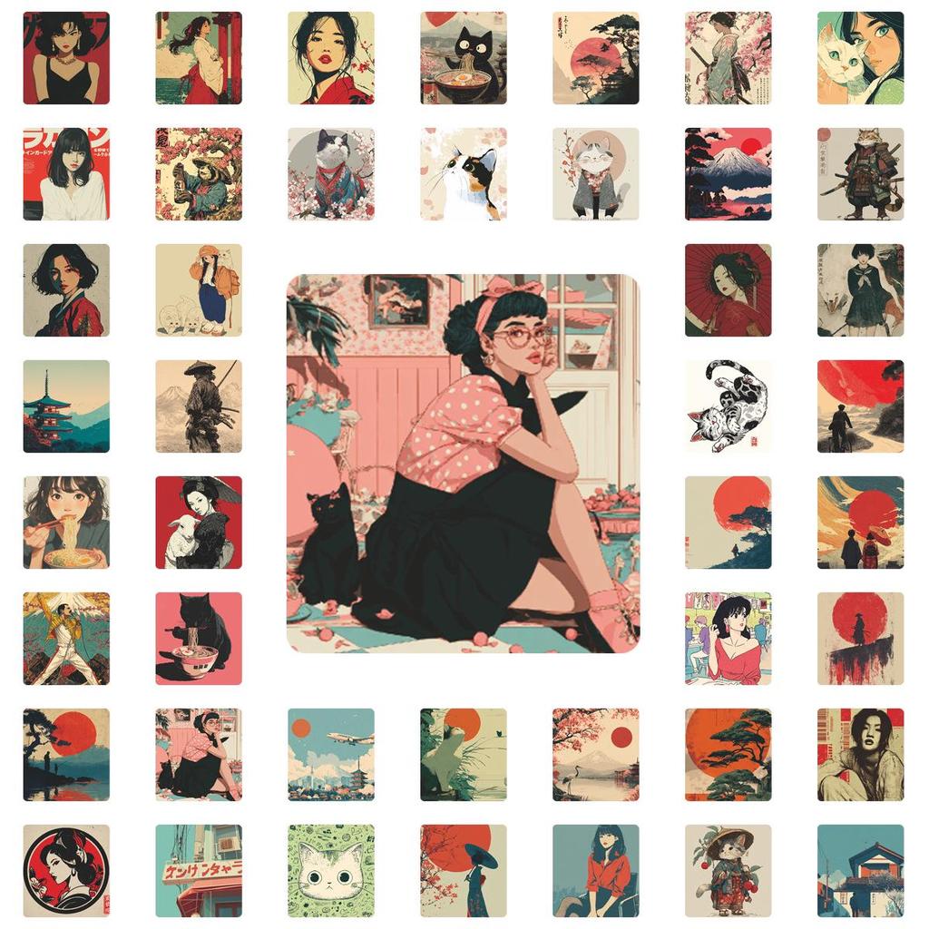 58 Sheets of Retro Japanese Cultural Stickers: Japanese Style Girl Illustrations for Journals & Notebooks