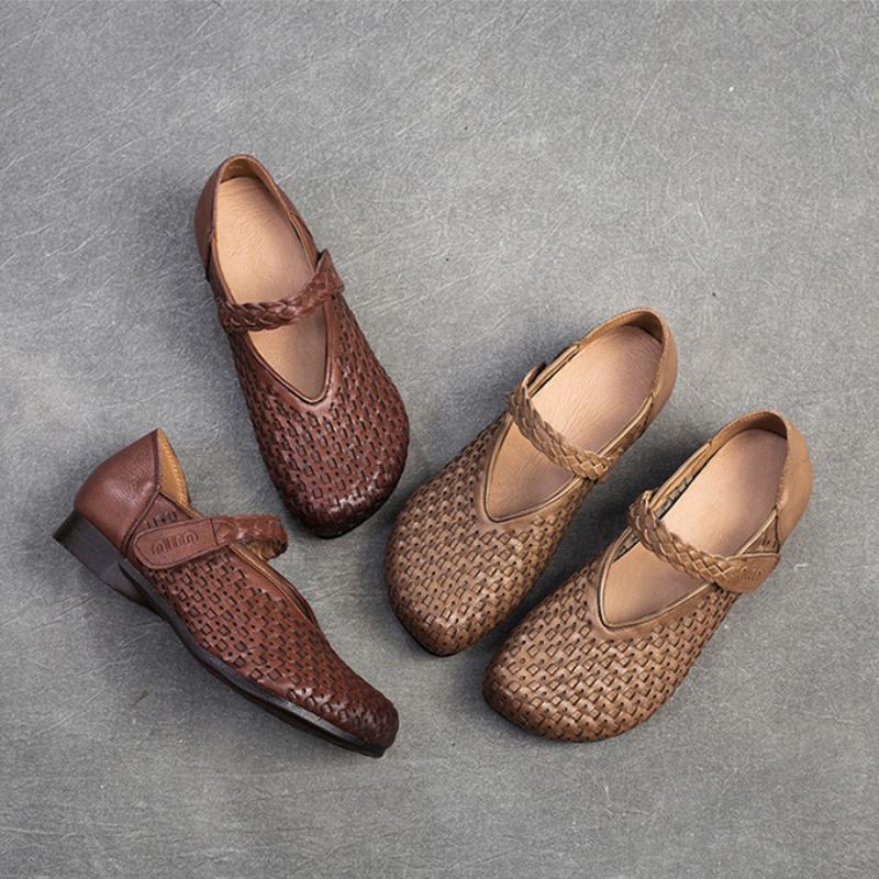 Johnature Bombas Retro Cuero Genuino Suela Suave Gancho y Lazo Cómodos Zapatos de Mujer Versátiles
