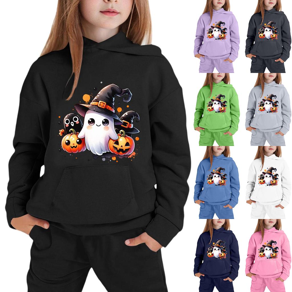 Kids Halloween Hoodie with Cute Ghost Pumpkin Witch Hat Print Long Sleeve Pullover Sweatshirt Comfortable Fit for Boys Girls