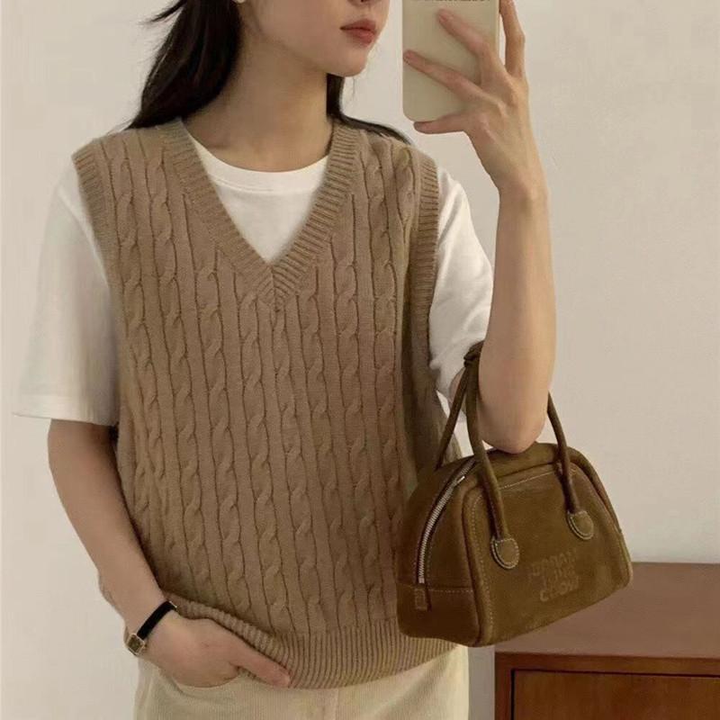 

YYFS Женская мода Повседневный Осень Зима Однотонный принт Без рукавов V-образный вырез свитера One Size верблюд