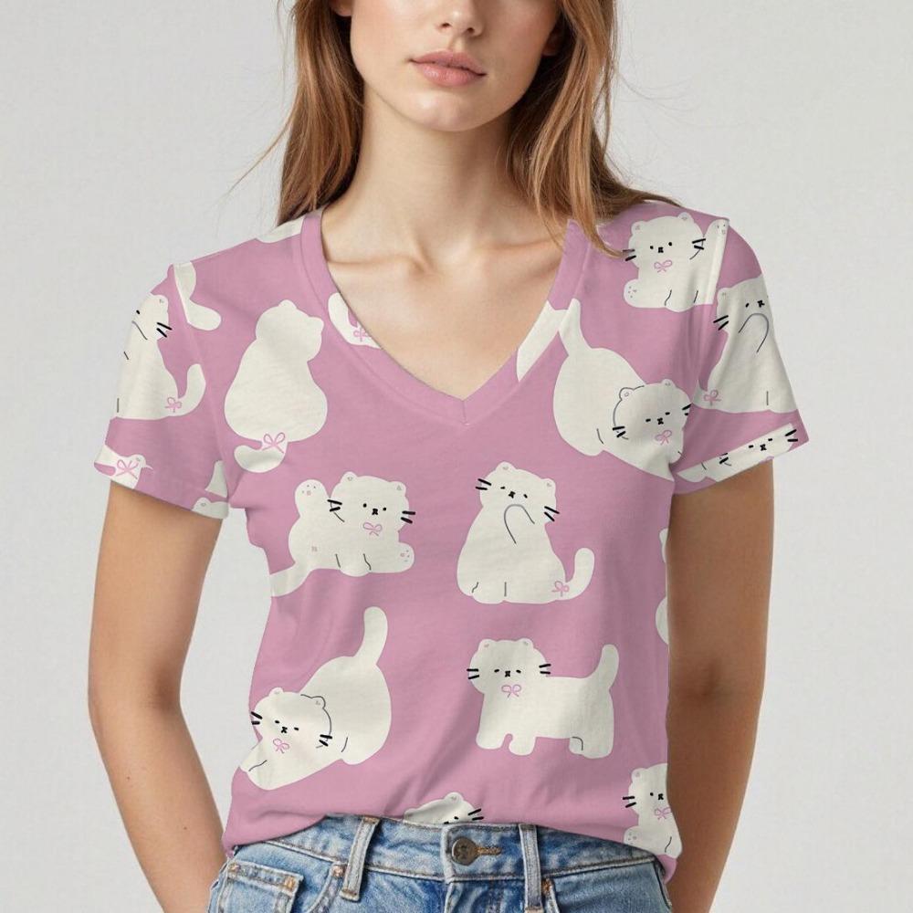 New V-neck women's short-sleeved T-shirt with cat pattern design. Summer top with soft texture, comfortable and breathable