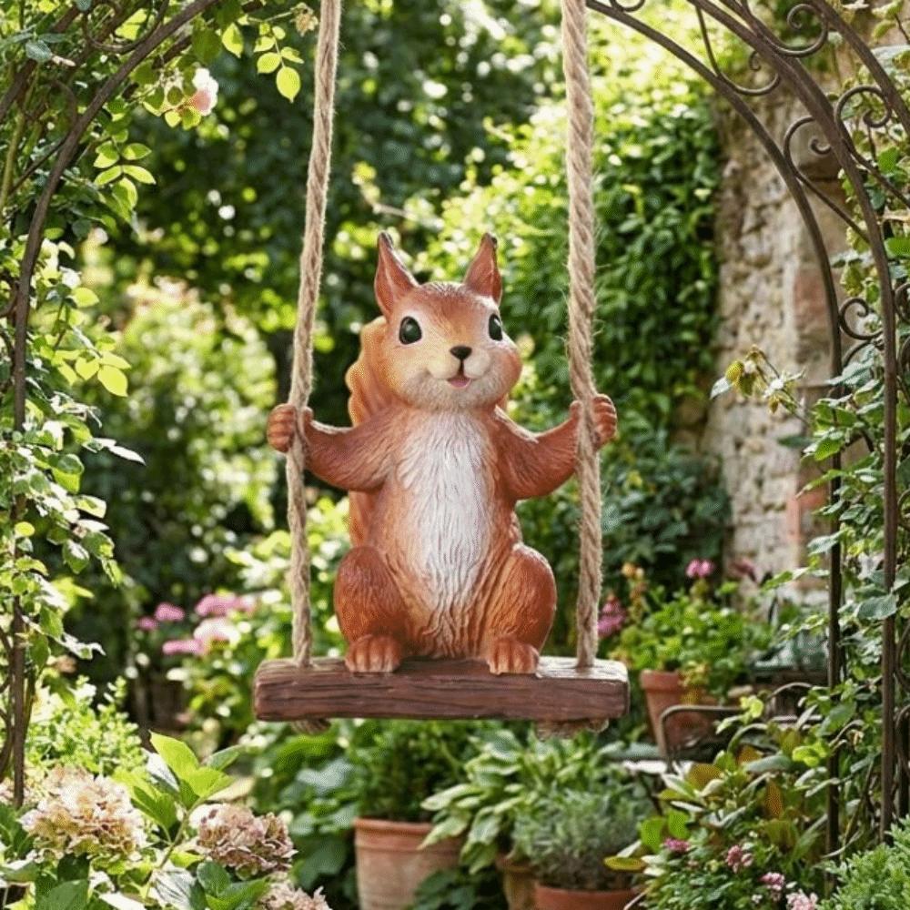 Resin Squirrel On Swing Weatherproof Squirrel Figurine Garden Decoration Indoor