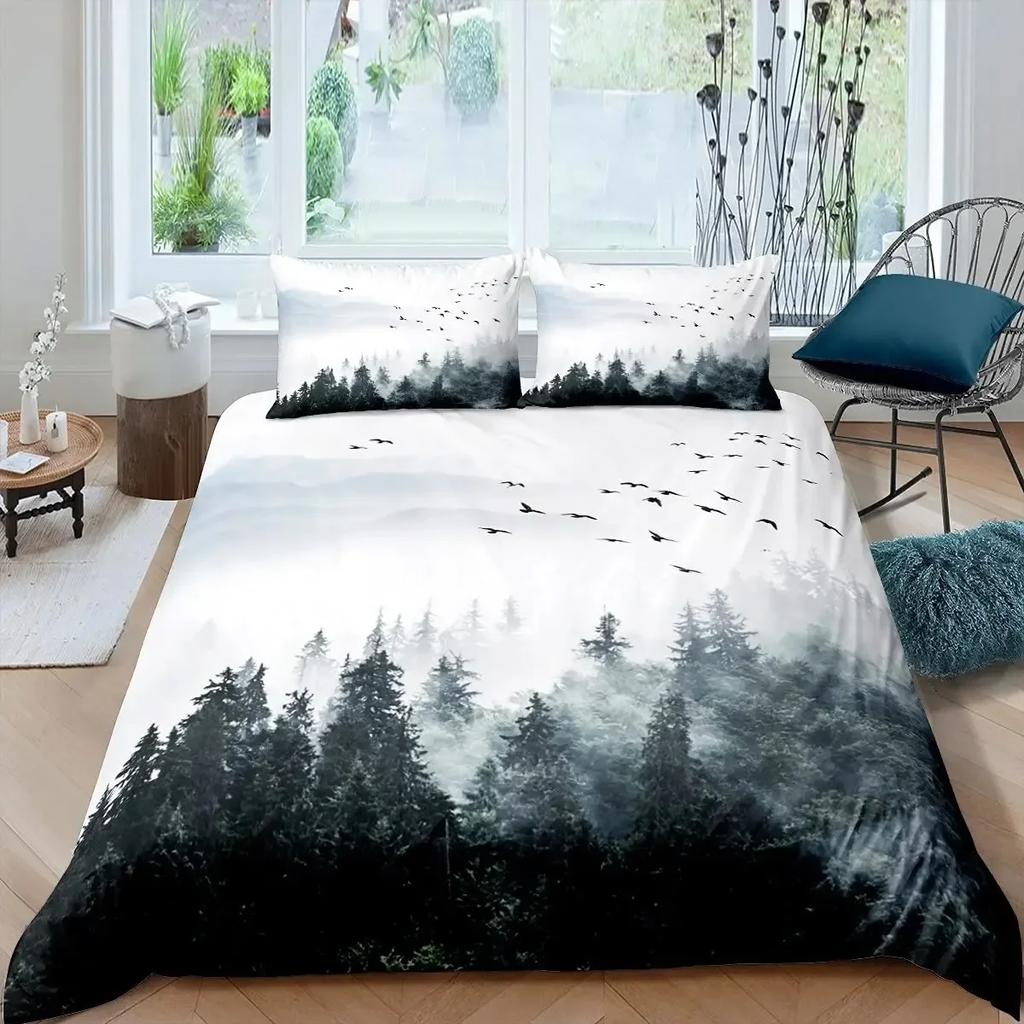 Smoky Mountain Kiefernwälder Grau Baum Naturlandschaft Kunst Bequemer Bettbezug Bettdecke Kissenbezug Bettwäscheset Kinderzimmer