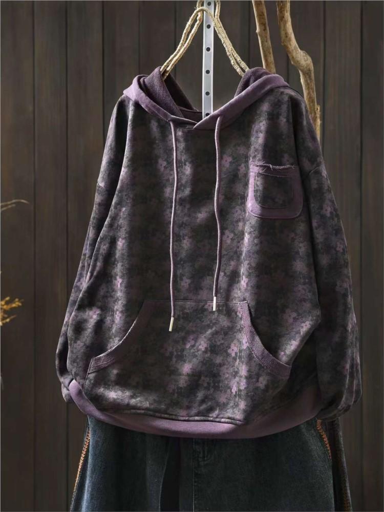 Johnature Women Vintage Print Floral Hooded Sweaters Pullover Pockets Autumn Casual Terry Long Sleeve Female Sweaters