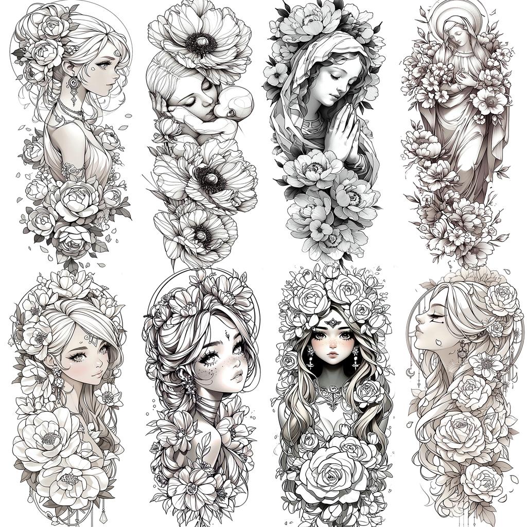 1 Sheet Girls With Flowers Holy Mother Temporary Tattoos For Women Body Art, Long Lasting Waterproof Temp Fake Tattoo Stickers