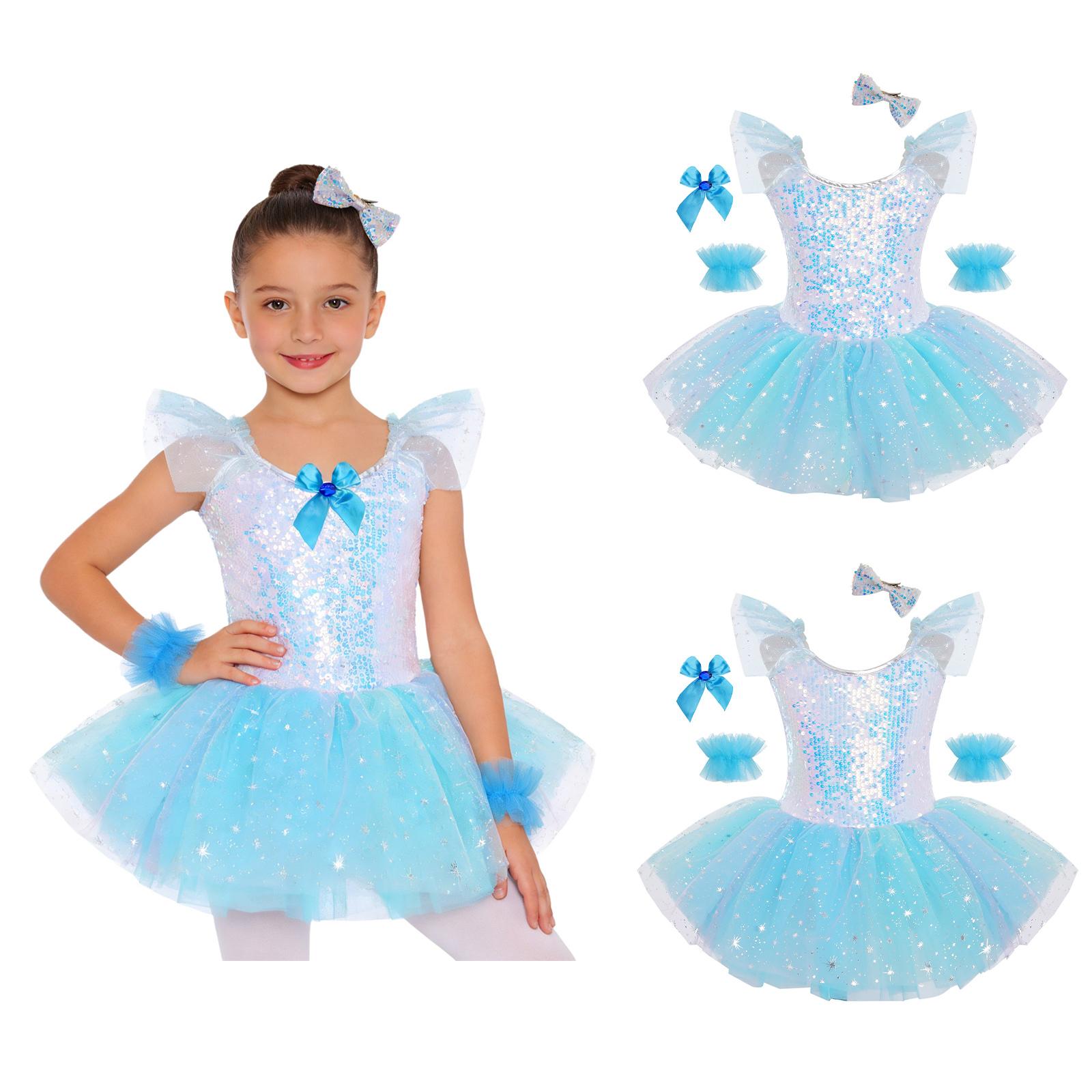 

Children‘s Ballet Dance Costume Ruffled Sleeve Sequin Top Tulle Tutu Dress with Matching Headwear Cuffs and Bow Brooch for Competition 11-12 Years світло-синій колір