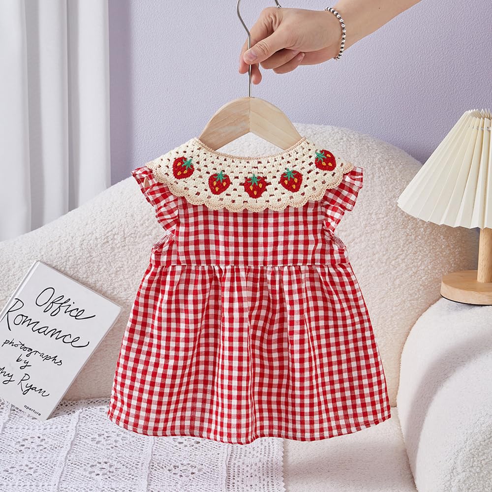 Baby Koi Collared Summer Outfit for Photo Strawberry Check Size 90cm Girls' Long-Sleeved Short-Sleeved Dress, Girls, Birthday, Kindergarten, Gift,