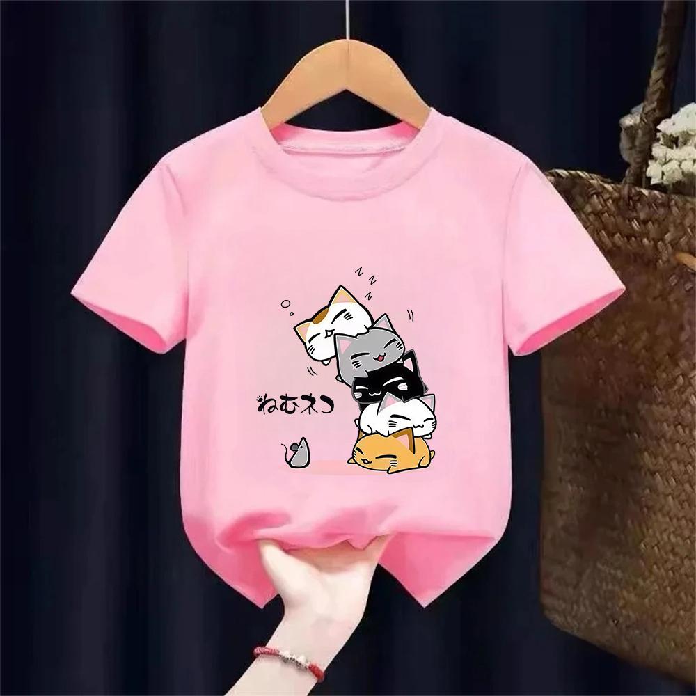 Cute Cat Graphic Kids Tshirts Summer Short Sleeve Tees Cartoon Animal Boys Girls Clothes Kawaii Kitten Tops Y2K Children Tshirt