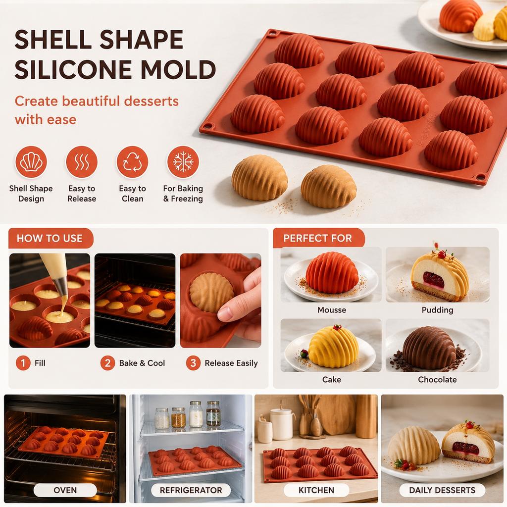 Silicone Mold 12-Cavity Wavy Shell Orange Cake Mousse Pudding Baking Form for DIY Desserts, Oven and Freezer Baking