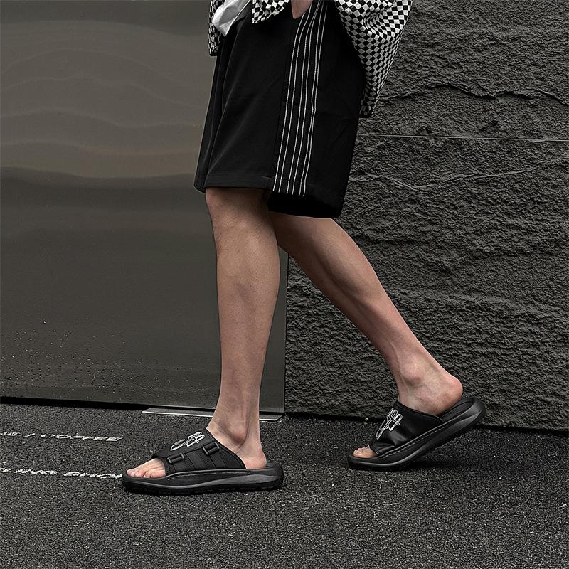 Fashion Summer Holiday Shoes Mens Sandals Flat Non-slip Male Footwear Fashion Brand Black Beige Shoes Thick Sole D410