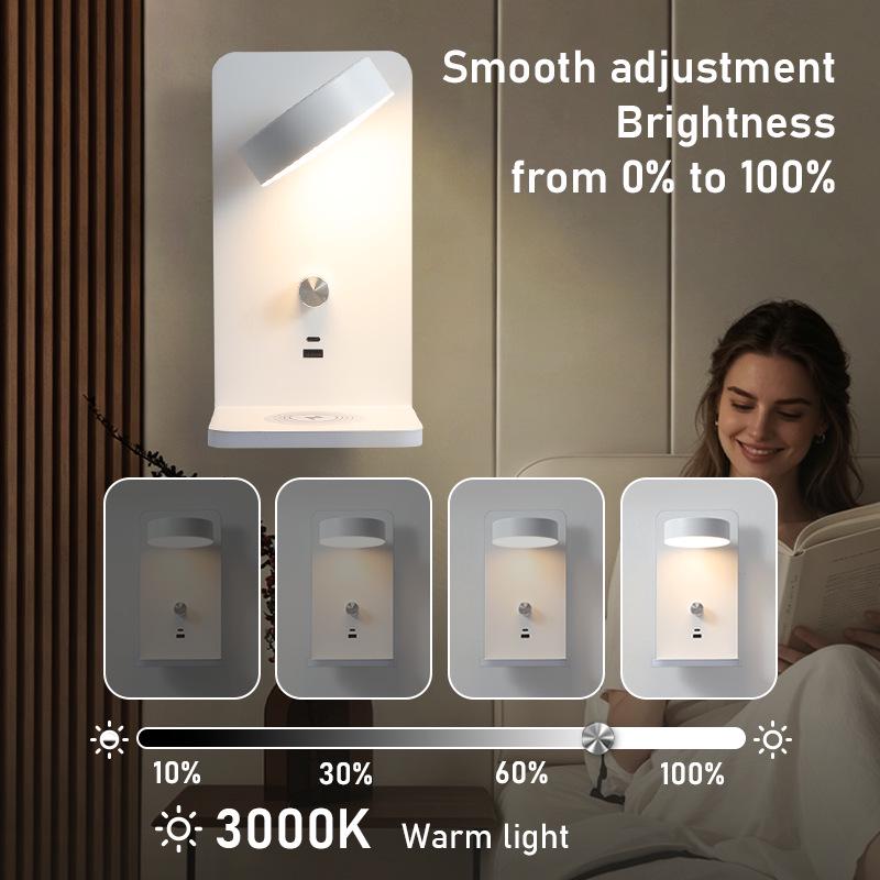 LED Wall Lamp with Wireless and USB Dual Charging Ports for Bedroom and Hotel Reading