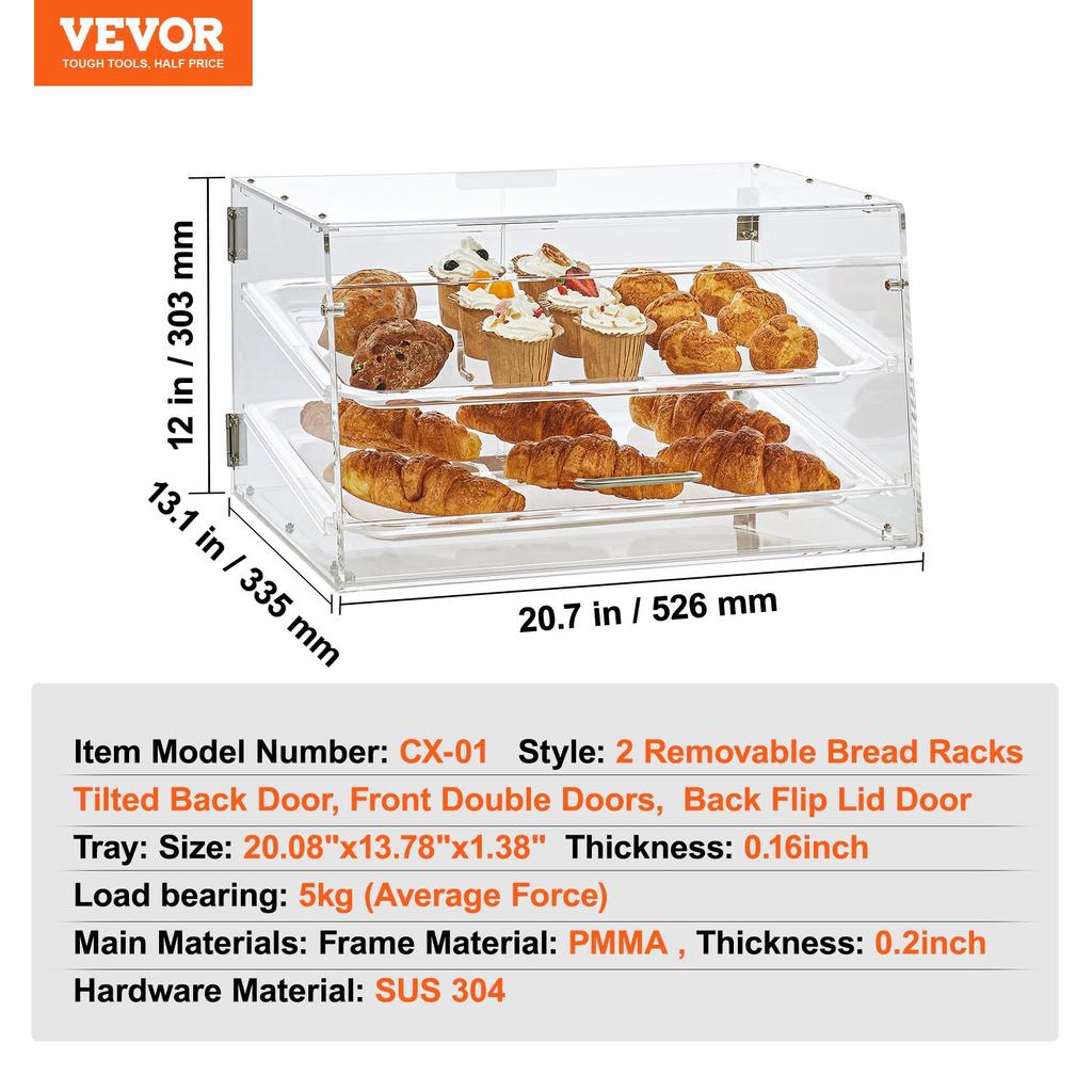 VEVOR Vetrina per Pasticceria, Vetrina da Banco Commerciale a 2 Piani per Panetteria, Scatola Espositore in Acrilico con Accesso Posteriore e Ripiani Rimovibili
