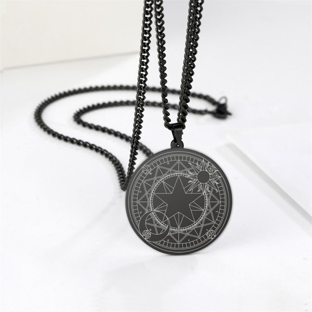 Vintage Magic Array Pentagram Crescent Circle Necklace Sun Moon Star Good Luck Eternal Love Neck Chain Amulet Jewelry