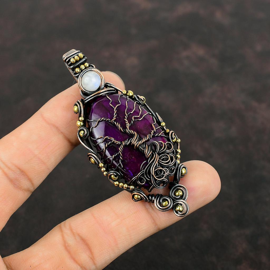 Tree Of Life Purple Fire Labradorite Pendant Copper Wire Wrapped Pendant Handmade Rainbow Moonstone Pendant Gemstone Jewelry Gift For Mom