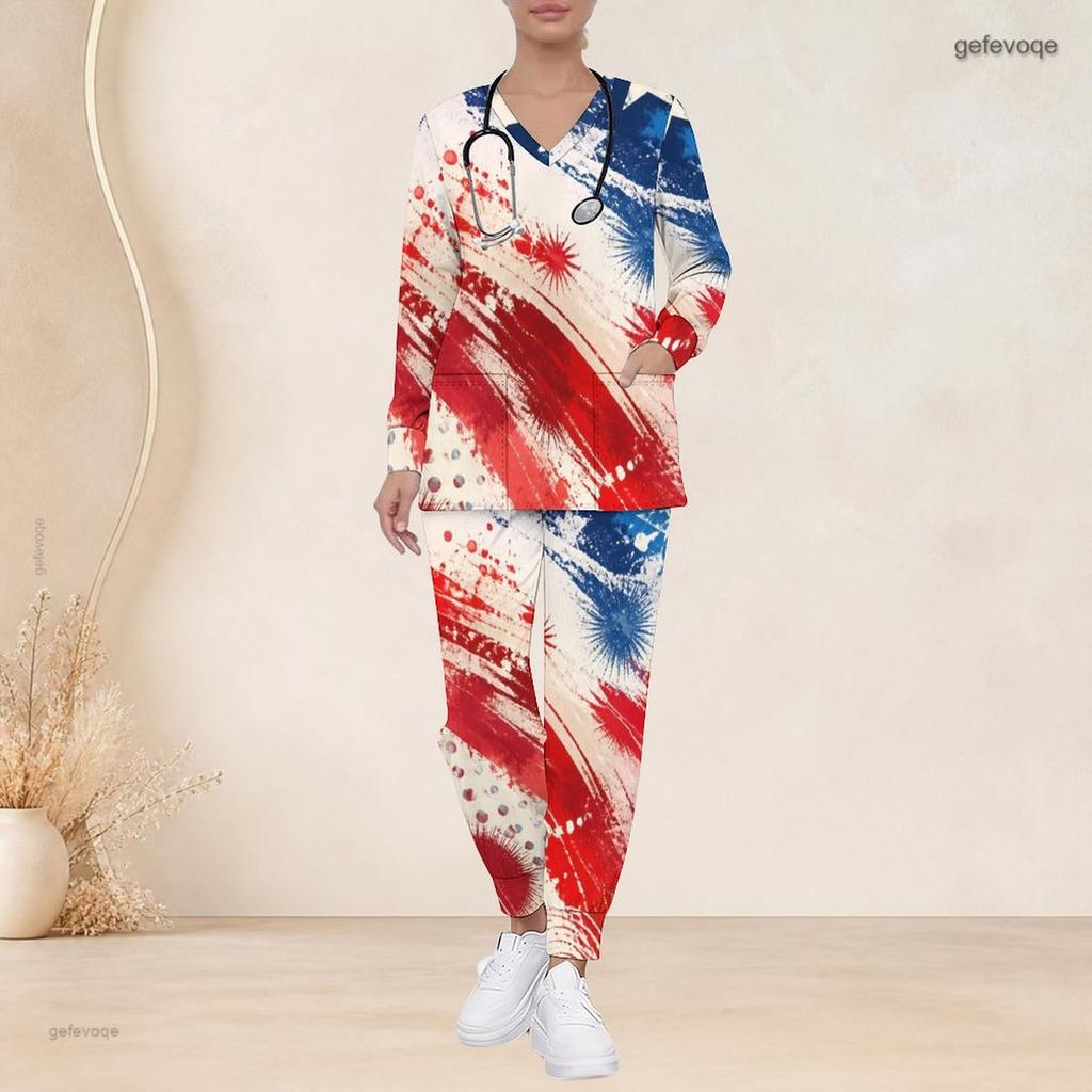 Women Plus Size V Neck Long Sleeve Scrub Set Navy Base Large Retro Patriotic Star Print Nurse Uniform Set