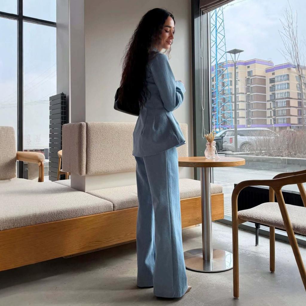 Cross-border foreign trade European beautiful women 2026 spring and autumn waist stand-up collar long-sleeved suit top femininity straight pants suit