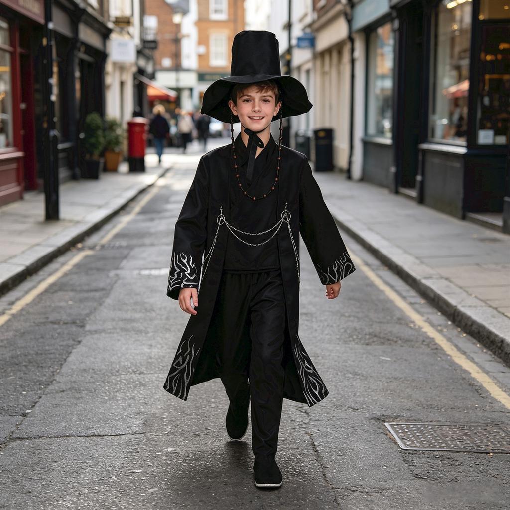 Boys Halloween Stage Performance Costume Set Long Sleeve Outerwear Pants Hat with Beads Pendant Earrings Ring Bracelet Accessories for Cosplay