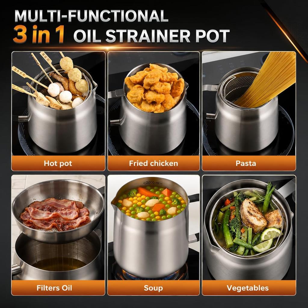 68oz 3-in-1 304 Stainless Steel Oil Filter Pot with Fine Mesh Strainer Heat-Resistant Handle 2L Bacon Grease Container for Kitchen Camping Frying