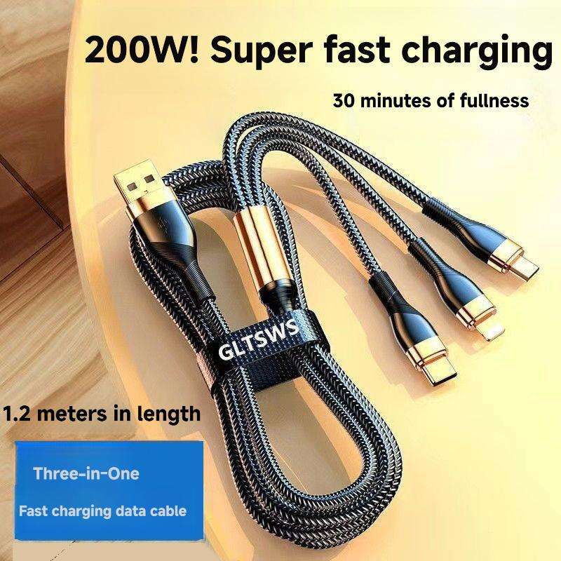 200W Super Fast Charging Data Cable, 3-in-1 Charging Cable, One-to-Three, Compatible with Apple/Android/TYPE-C
