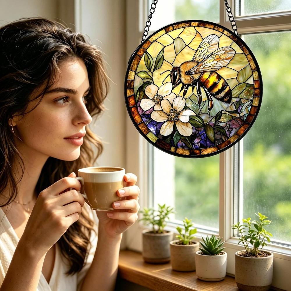 Stained Glass Sun Catcher,Bees and Wildfowers Printed Stained Glass Window Hanging Garden Decor Gifts,Sun Catchers Indoor Windowh