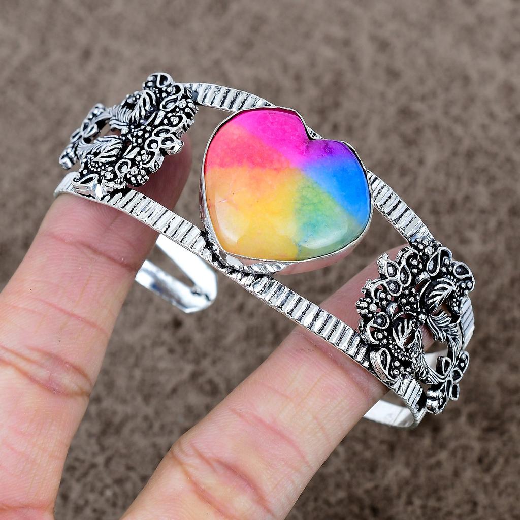 Rainbow Solar Quartz Gemstone 925 Sterling Silver Cuff Bangle Adjustable KKG-1071
