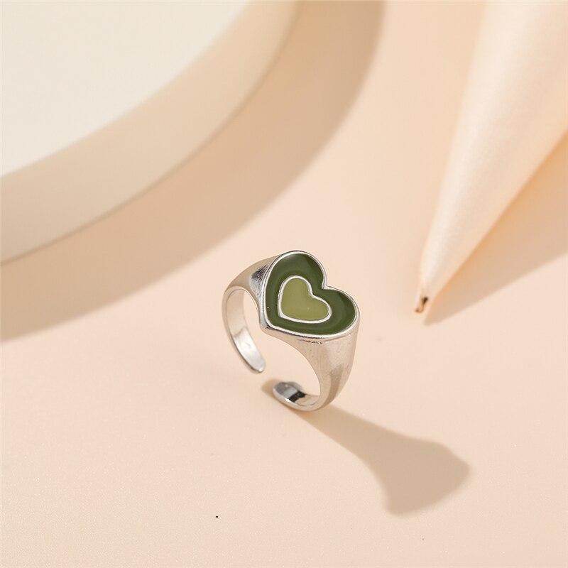 iF ME Trendy Heart Shape Rings for Women Exquisite Colorful Green Glossy Metal Rings Wholesale Jewelry