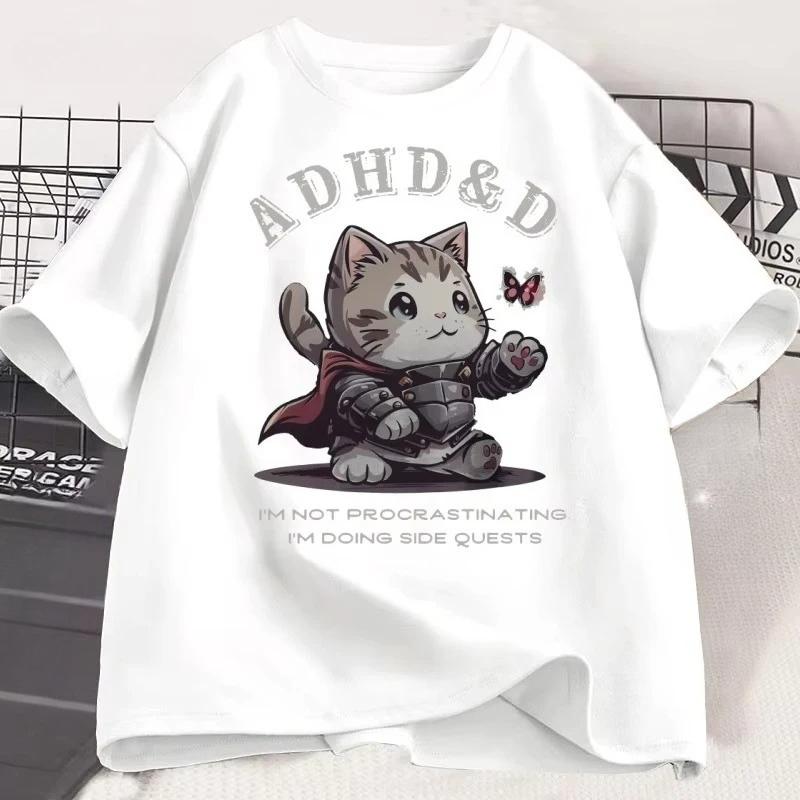 

ADHD&D I m Not Procrastinating Cat T-shirt Funny Graphic Printed Tshirts Short Sleeve Summer Loose Tees S