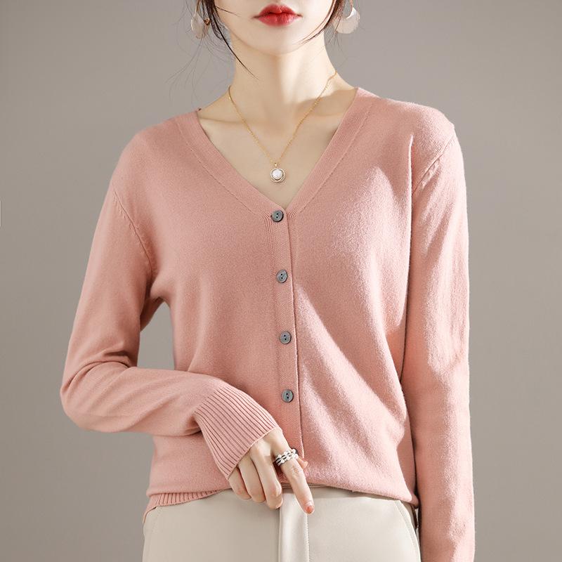 Autumn Winter Casual Fashion Solid Color V-neck Cardigan Coat Women All-match Bottomed Knitting Top