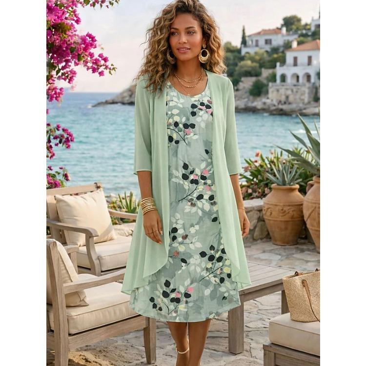 Women Floral Print Dress and Cardigan Set Short Sleeve V Neck Two Piece Outfit S светло-зеленый