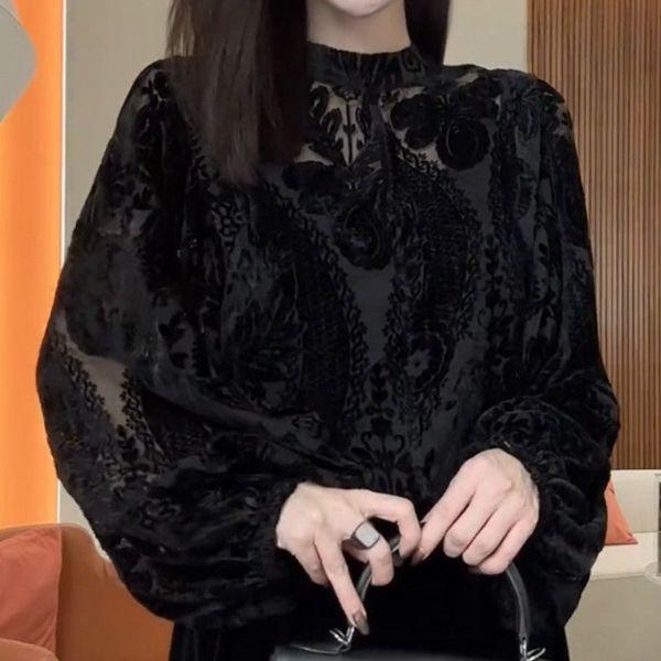 Women's High-end Temperament Hollowed Out Mesh Splicing Flocking and Anti-aging Top Lace Long Sleeved Shirt
