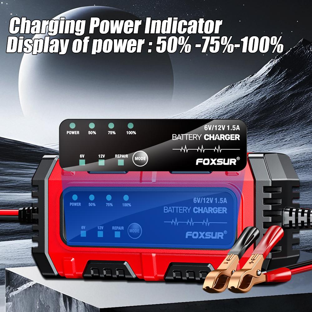 Full Intelligent Intelligent Pulse Repair Lead-Acid Battery Charger Car Motorcycle Battery 6V/12V 1.5A Multiple Protection Full Charge Self-stop
