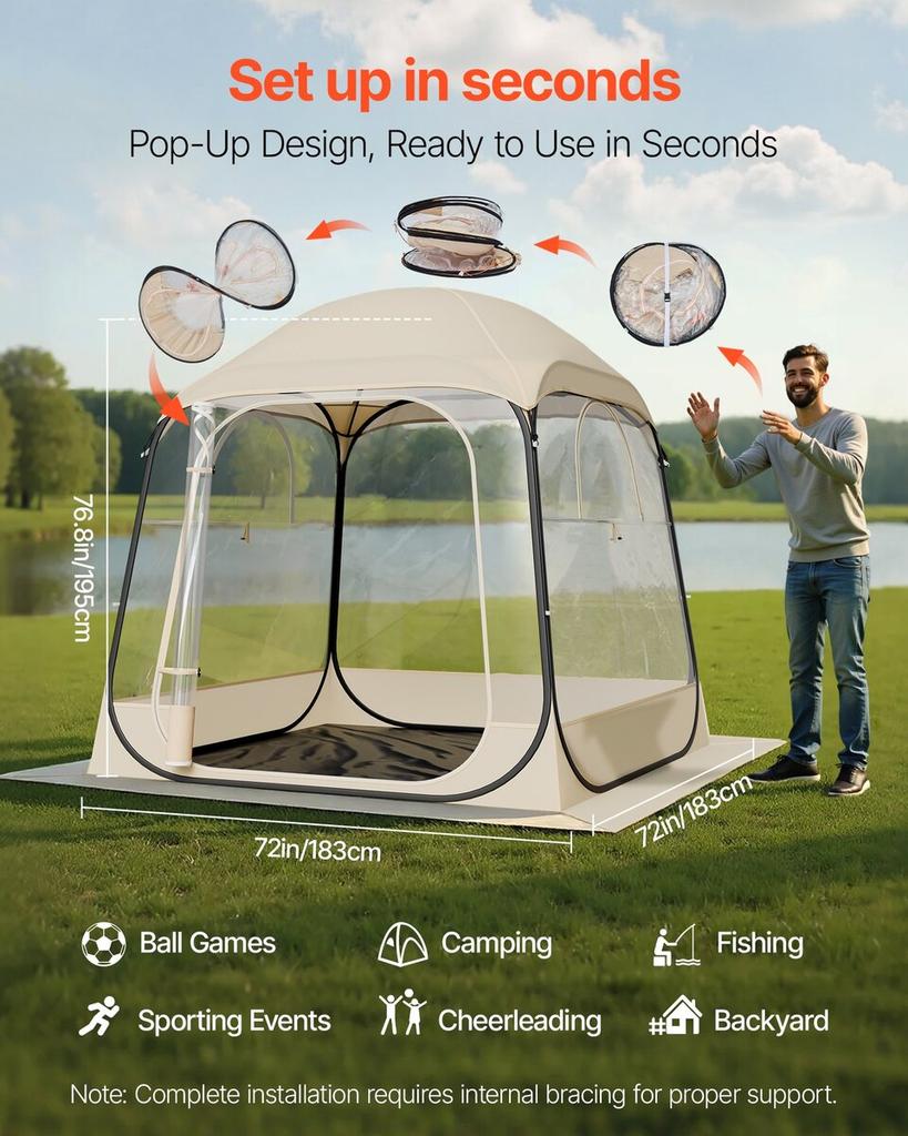 Pop up Sports Tent, 1.83x1.83 m Clear Bubble Tent for 2-4 Persons, Waterproof Outdoor Pod with Floor Mat & Top Cover, Garden Igloo Dome Tents Camping