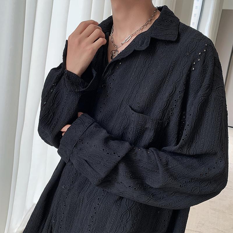 Spring Summer Personalized Shirts Men Handsome Lapel Men Blouse Vacation Hollow Out Sexy Men Clothing Male Mesh Long Sleeve Shirts
