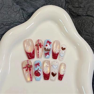 10pcs Handmade Christmas Press On Nails Wreath Bowknots Apple Snowflake Decor False Nails Red French Style Fake Nail For Women