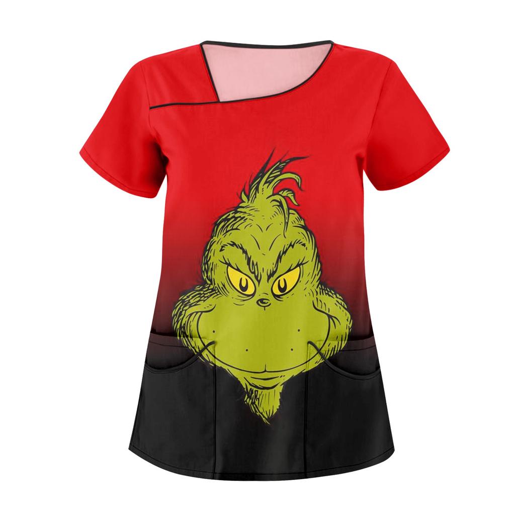 Women's Fashion Christmas Print Uniform Overalls Slanted Collar Double Pocket T-Shirt Short Sleeve Top