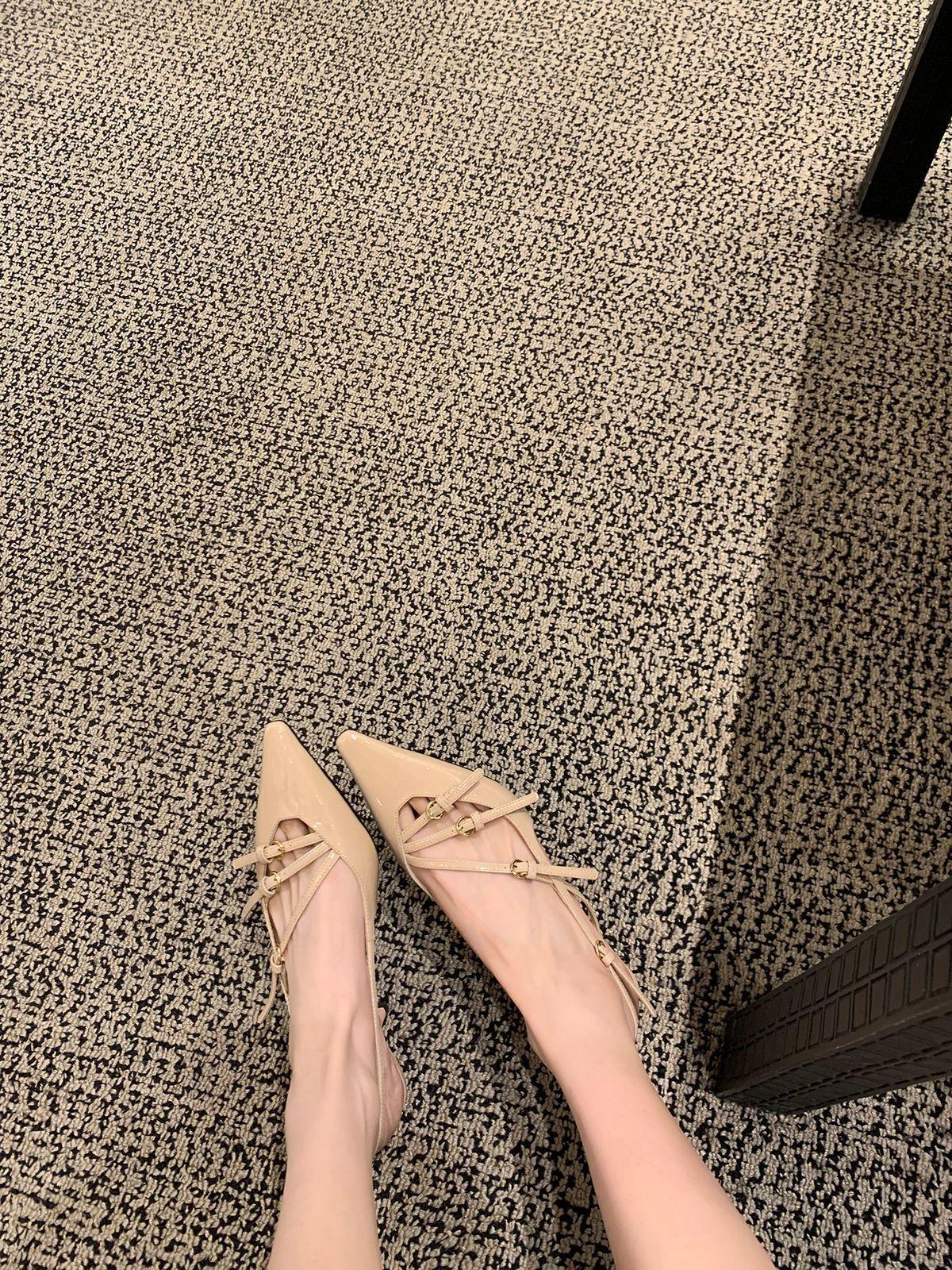 

2025 new miu * nude bag head shoes women s thin heel pointed sandals French temperament one-word buckle with empty high heel 34