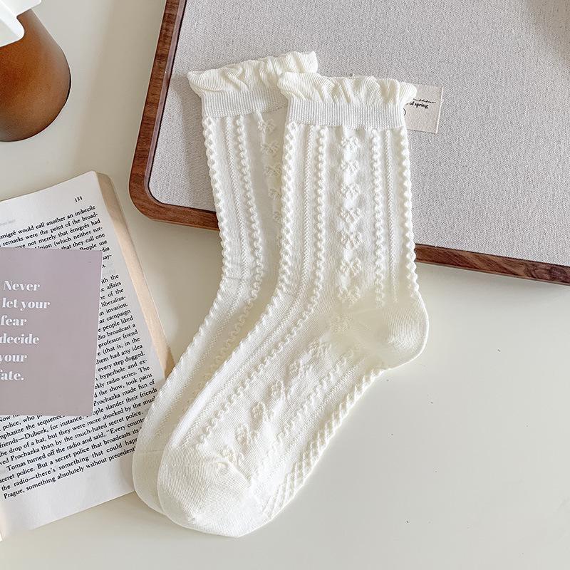 Women's White Ruffle Mid-Calf Ballet Socks - Autumn Lace, Breathable, Scrunched JK Style