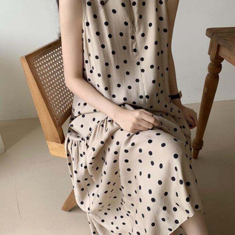 Lazy seaside resort style sleeveless vest polka dot long skirt Han Fan temperament loose long dress