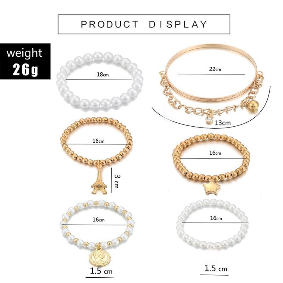 6 Pcs New Fashion Imitation Pearl Retro Bracelet Coin Six-piece Jewelry Multi-layer Elastic Fashion Bracelet
