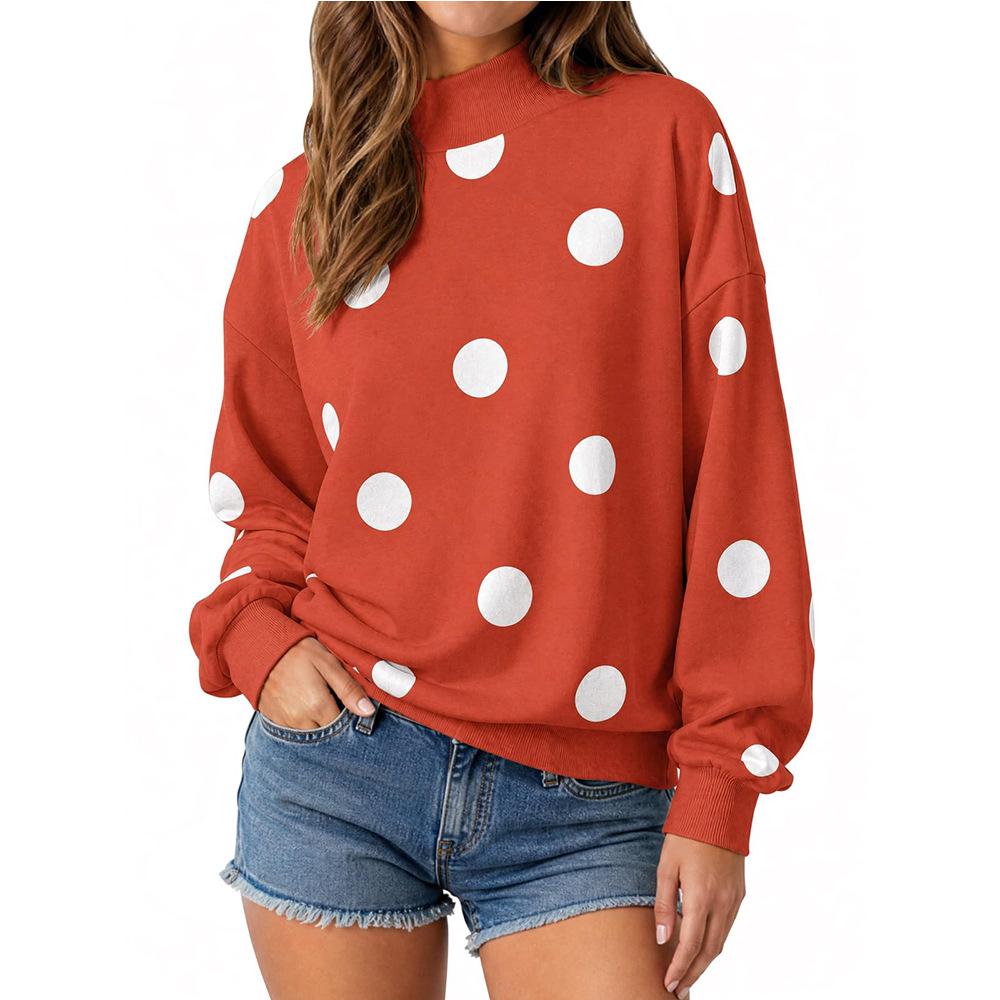 Women S Loose Half High Neck Long Sleeve Polka Dot Pullover Sweatshirt