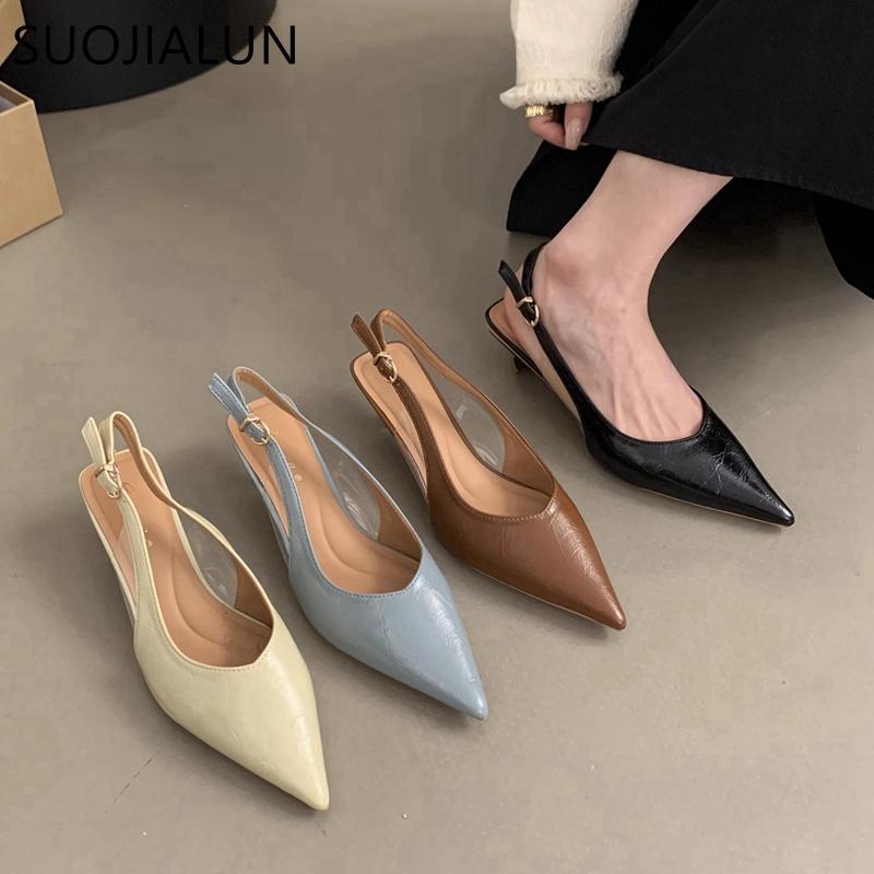 Fashion SUOJIALUN 2024 Summer New Brand Women Sandal Fashion Pointed Toe Shallow Ladies Elegant  Slingback Shoes Thin Med Heel Pumps