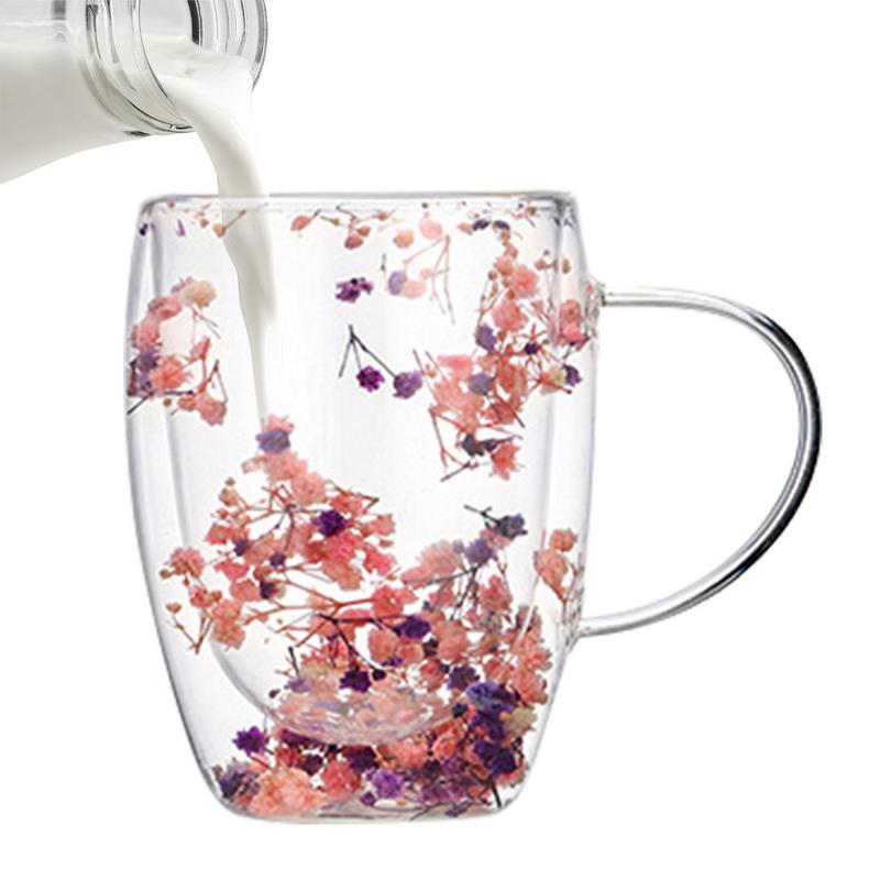 Szklanka z podwójnymi ściankami 350ml Suszone kwiaty Izolowana Kwiaty Filiżanka do espresso Kubki do kawy Szklanki z podwójnego szkła Suszone kwiaty