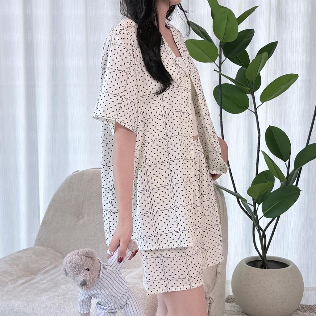 Sweet wind polka dot cotton and silk pajamas women's summer short-sleeved shorts lapel thin can be worn outside loungewear high-end suit