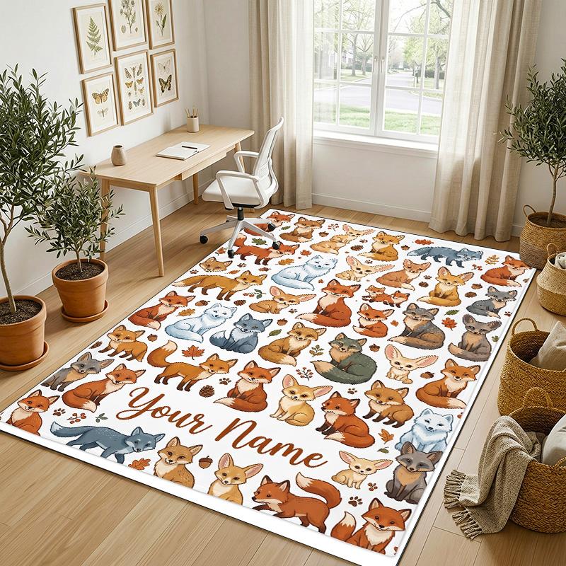 Autumn Fox Theme Soft Crystal Velvet Rug Custom Name & Text Print Non Slip Floor Rug for Bedroom Living Room