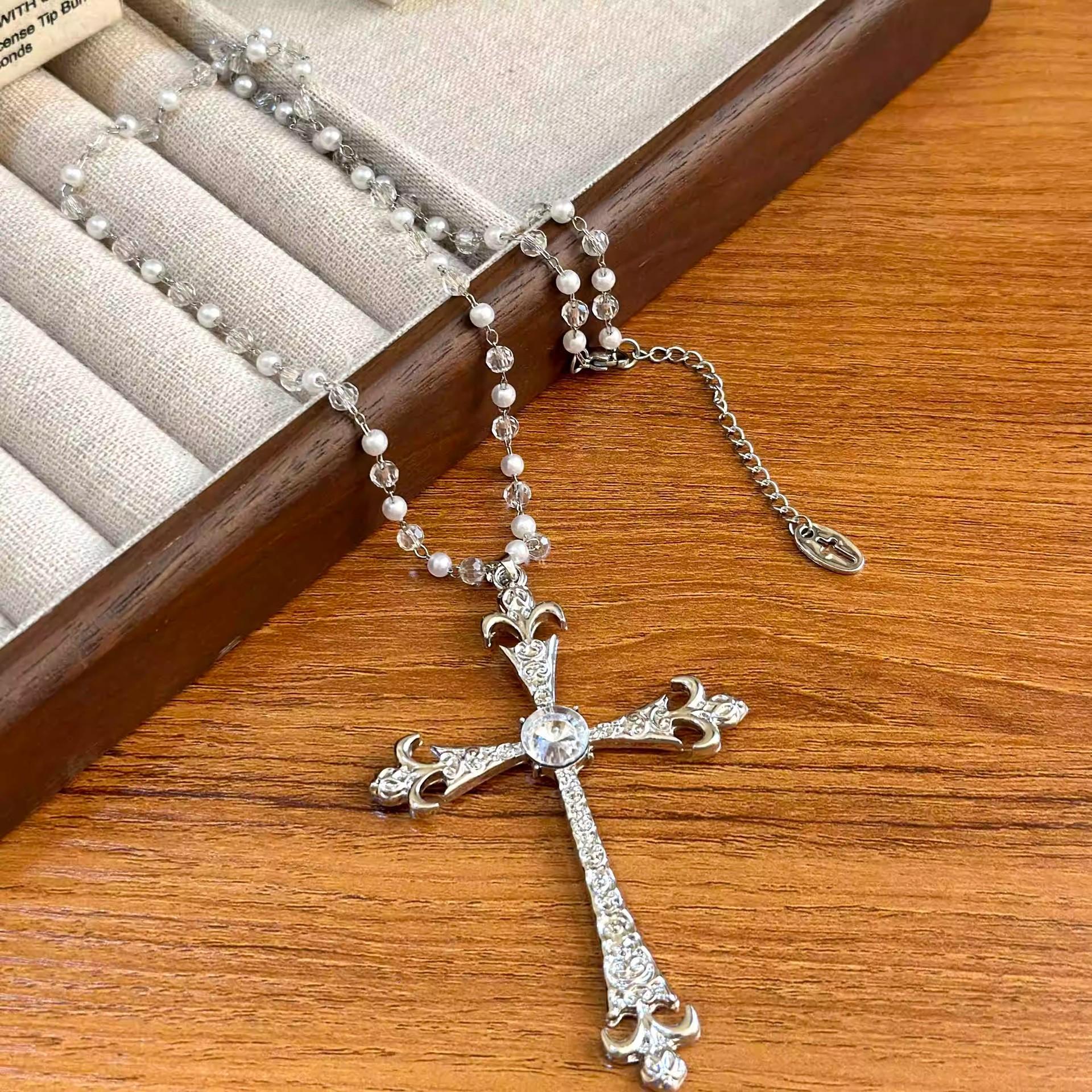 

Ожерелье-подвеска в виде креста с жемчужными бусинами и бриллиантами, ретро, легкая роскошь, темперамент, цепочка для ключицы, модные нишевые универсальные украшения