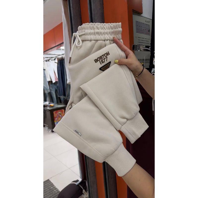 

Pure Cotton Casual Thickening Plus Size Slim Looking High Waist Workout Pants Beige L