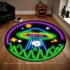 Neon UFO Alien Abduction Round Rug Sci Fi Fantasy Flannel Mat Kids Bedroom Game Room Futuristic Glow In Dark Themed Floor Art
